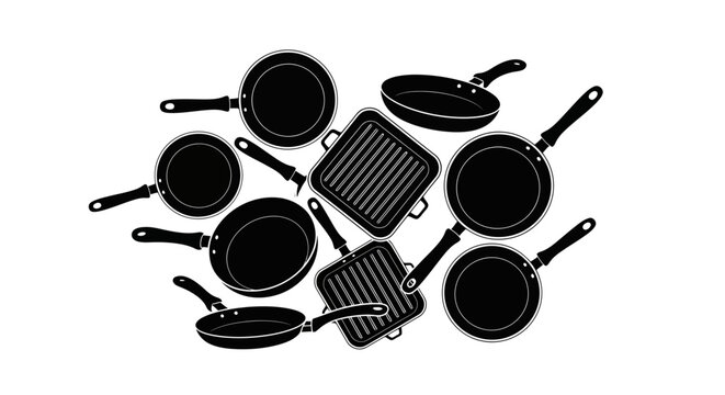 Collection of black frying pans and griddles on white background for cooking and kitchen use