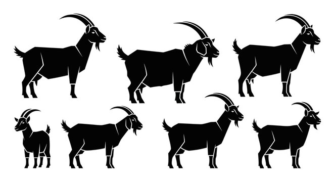 Seven black goat silhouettes standing in two rows on white background farm animals goats livestock nature wildlife illustration