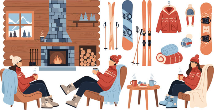 Cozy winter cabin lifestyle with fireplace skiing equipment and warm clothing, holiday relaxation and mountain resort flat vector illustration collection