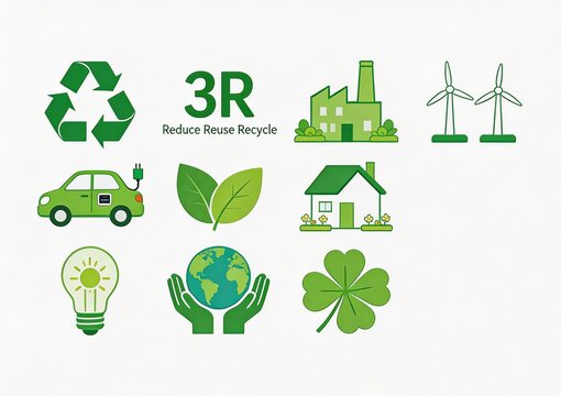 Green Environmental Icons Set: Recycling, 3R, Wind Turbines, Electric Car, Eco House, Earth in Hands, and Sustainability Symbols