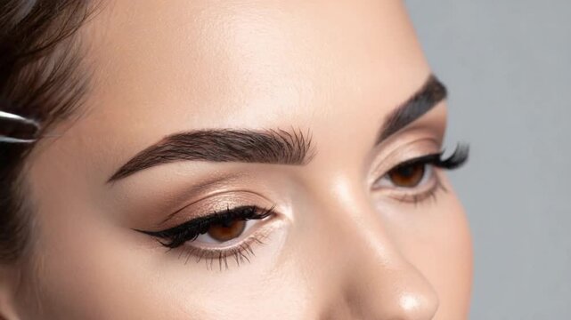 Woman's hand plucking eyebrow with tweezers for beauty and grooming