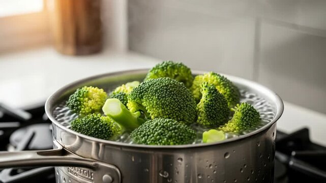 Fresh green broccoli florets boiling in a stainless steel pot of hot water on a kitchen stove with steam rising