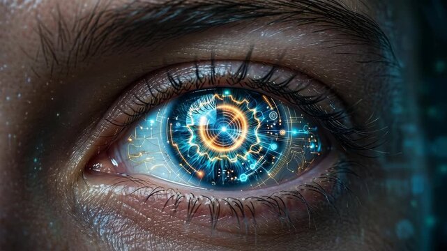Macro shot of human eye with integrated digital interface glowing blue neon circuits and futuristic biometric scanning data