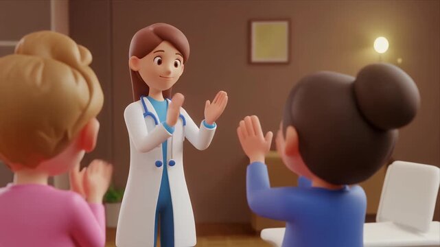 Friendly animated doctor clapping with patients in clinic.