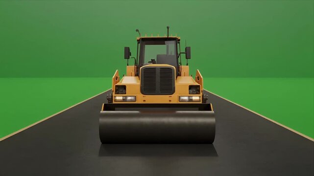 Front view asphalt road roller compactor approaching on freshly paved lane.
