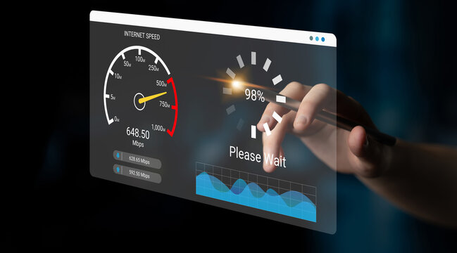 A modern interactive display showcasing an internet speed test with a loading indicator. The setup highlights digital technology, data performance, and user interaction in a sleek design. Ledger