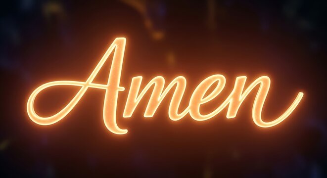 Glowing scripted text amen against a dark orange background religious design