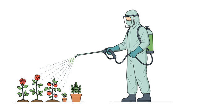 A person in a protective suit sprays plants with a backpack sprayer on a white background.