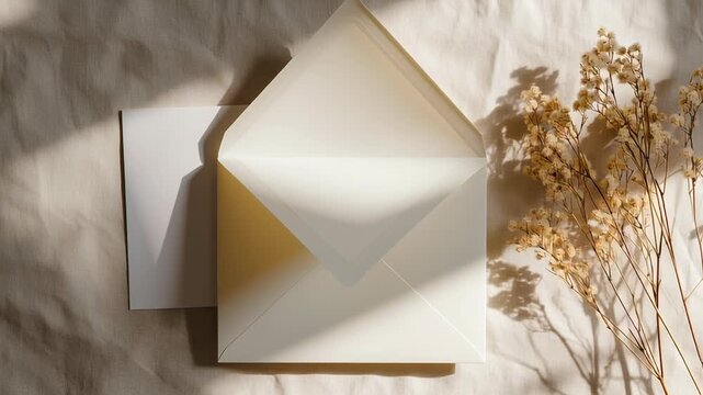A top-down flat lay of an open white envelope with a blank card beside it, styled with soft natural lighting and subtle shadows, creating a clean and modern stationery design, ideal for wedding 