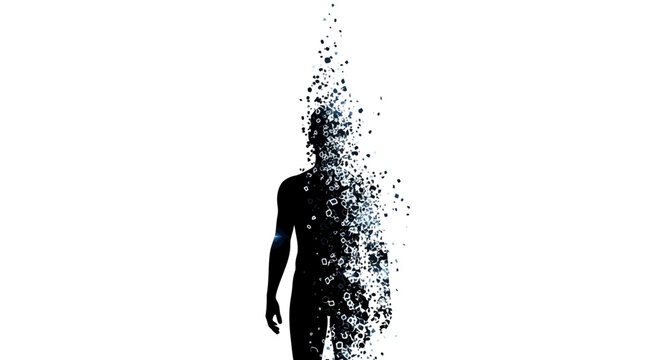 Disintegrating man, dissolving human, particle explosion, abstract silhouette, black and white