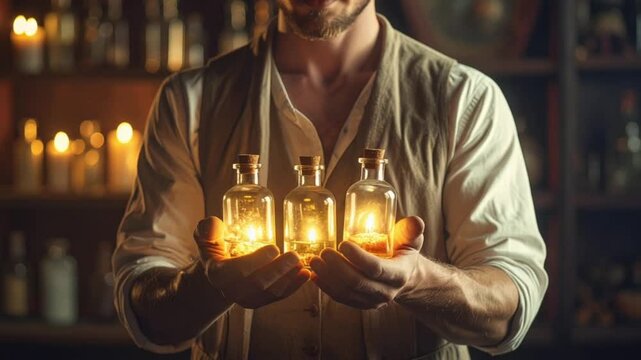 Mysterious alchemist holding glowing potion bottles in a dimly lit workshop
