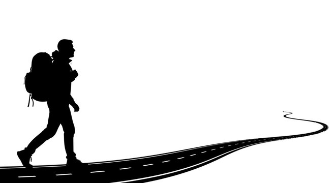 Vector silhouette of a hiker walking on a winding road