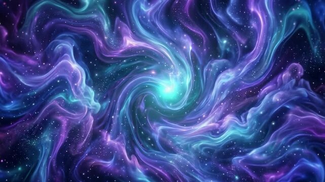 Swirling purple and teal cosmic nebula with bright central star and glowing interstellar gas clouds in deep space