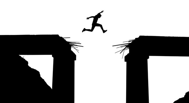 Vector illustration of man jumping between two cliffs