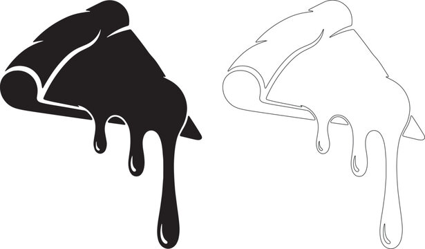 Black silhouette of dripping pizza slice and outline