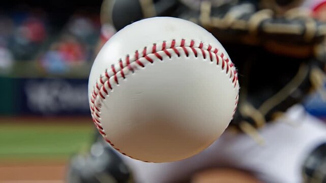 Close-up of a white baseball with red stitching on a field sports equipment