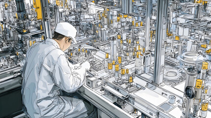 Fototapeta premium An engineer in a white uniform is working on a complex industrial machine in a large factory