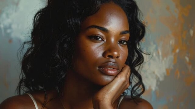 Elegant Black woman with beautiful skin and dark curly hair in pensive pose