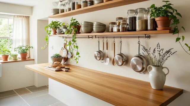 Modern minimalist kitchen interior with wooden shelves hanging stainless steel pans and green potted house plants in sunlight