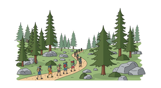 A line of hikers with backpacks walks along a winding dirt path through a forest filled with pine trees and rocks.