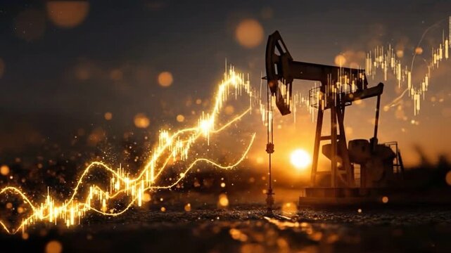 Oil Rig and Rising Economic Trends: An oil rig at sunset is juxtaposed with glowing financial growth charts. This image portrays the interplay of industry, energy, and economics.