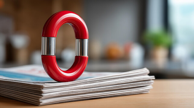 Bright magnet positioned over a stack of newspapers, importance of information and media concept, modern lifestyle visualization, defocused background, with copy space