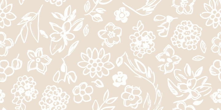 Delicate floral pattern with white line drawings on a beige background