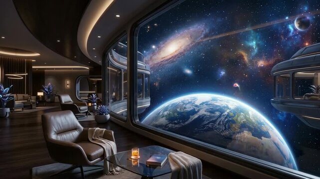 Elegant futuristic spacecraft lounge interior with leather chairs overlooking the earth and cosmos through a window