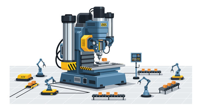 A complex blue and yellow CNC milling machine processes a block amidst robotic arms, conveyor belts, and an AGV on a factory floor.