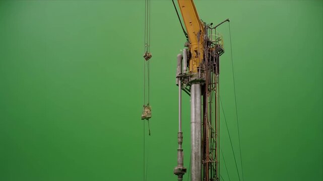 Heavy construction drilling rig mast on greenscreen background.