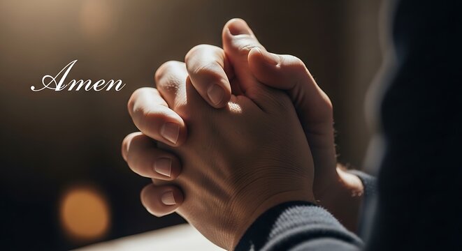 Close up of hands clasped in prayer with a soft warm light and text amen