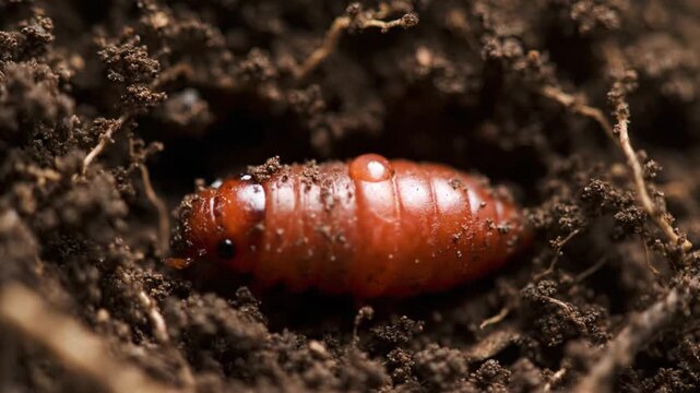 Macro of reddish beetle larva pupating in dark moist soil