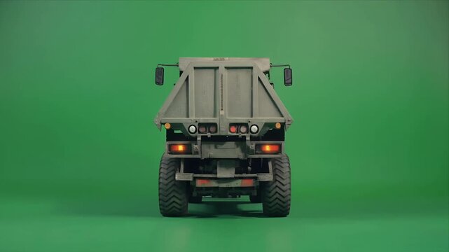 Heavy dump truck rear view on green screen studio.