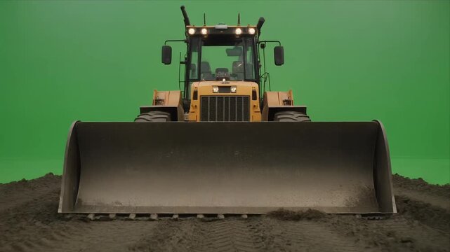 Heavy wheel loader bulldozer driving toward camera on greenscreen dirt.