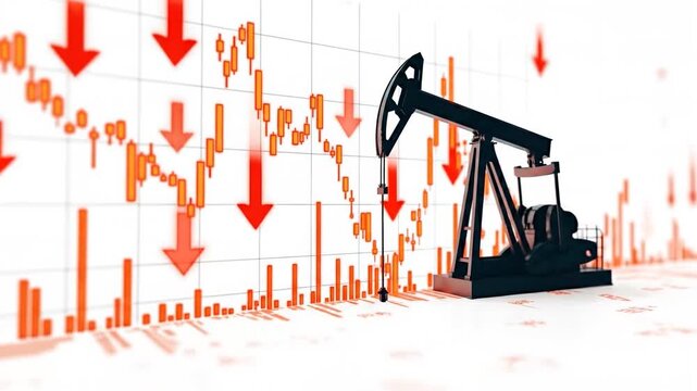Oil Price Downturn: Oil pump with falling graph signifies the decline in the oil price. The image conveys the economic concept of the oil price downturn.