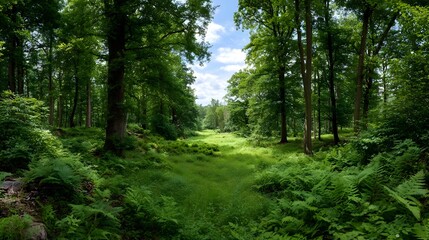 Fototapeta premium Panoramic view of a lush sunlit forest clearing abundant with vibrant ferns and trees