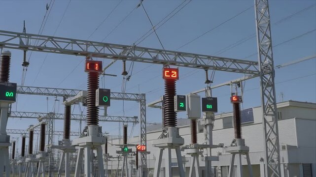 High voltage substation switchyard with digital indicator lights.