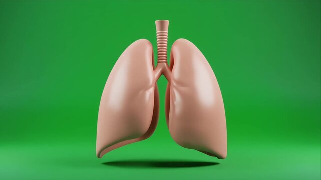 Human lungs anatomy model rotates on green background.