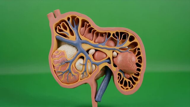 Human pancreas anatomical model rotating with branching ducts and vessels on green background.