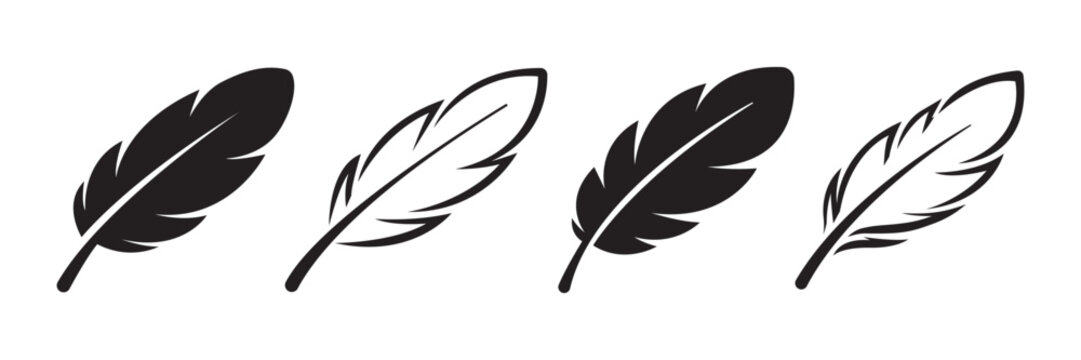 Feather icon set. Black and line bird feather silhouette, Flat vector illustration, Transparent PNG