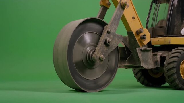 Industrial road roller wheel rotating on studio greenscreen.