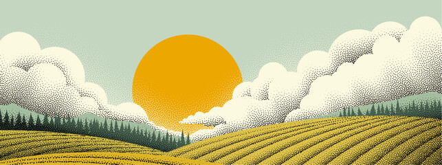 Naklejka premium Fields rolling hills and mountains farm landscape background illustration with countryside mountains, sunrise sun, clouds and trees. Original rural background drawing in vintage pointillism dot style