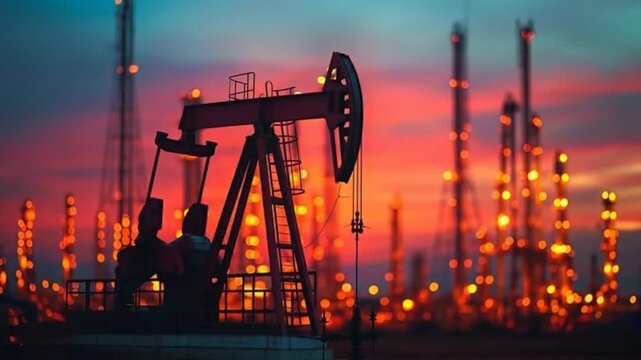 Oil Pump at Sunset: A silhouette of an oil pump stands tall against a dramatic sunset, symbolizing industry, energy, and the extraction of vital resources.