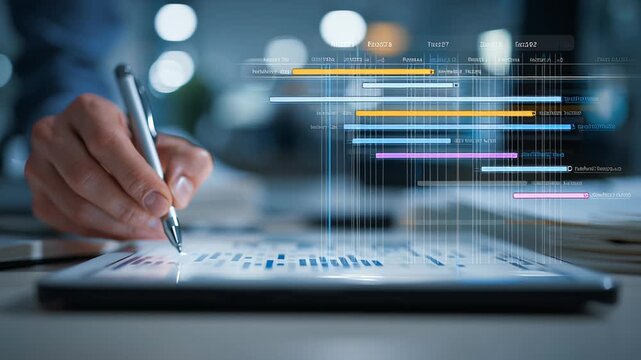 A professional project manager working in a modern office, using a stylus on a tablet that projects a floating holographic Gantt chart. The interface shows project timelines, task dependencies