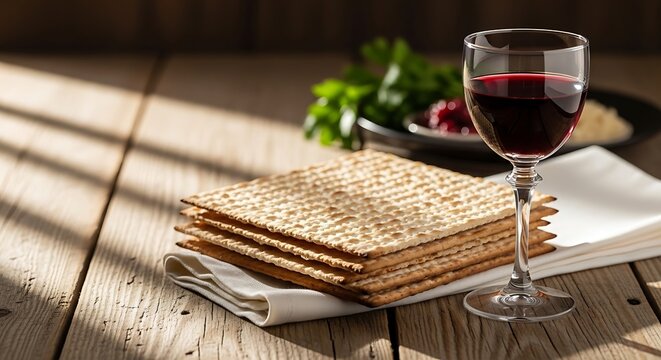 Traditional passover seder table with matzah wine and symbolic foods