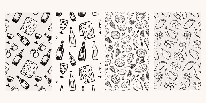 Hand drawn black and white pattern featuring wine cheese and fruit elements