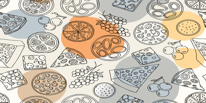 Seamless pattern of various cheeses fruits and tapas arrangements