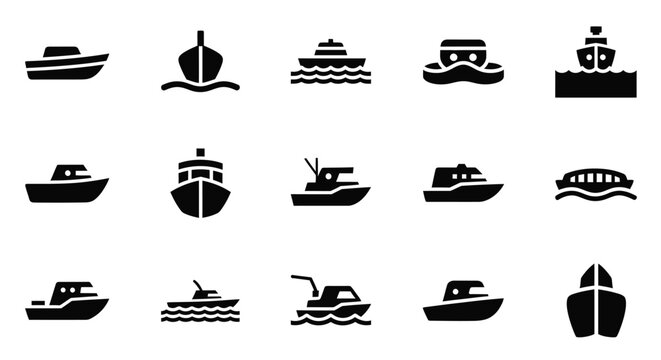 Marine vessel icon set featuring motorboats yachts ships and cargo vessels for maritime transportation and ocean travel collection of nautical silhouette symbols for harbor and shipping industry