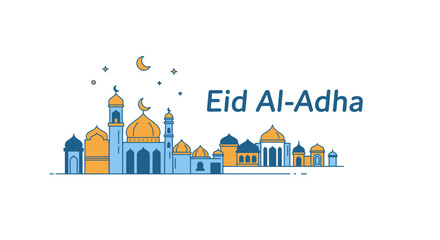 Fototapeta premium Eid Al-Adha Islamic celebration with a stylized mosque cityscape and celestial elements
