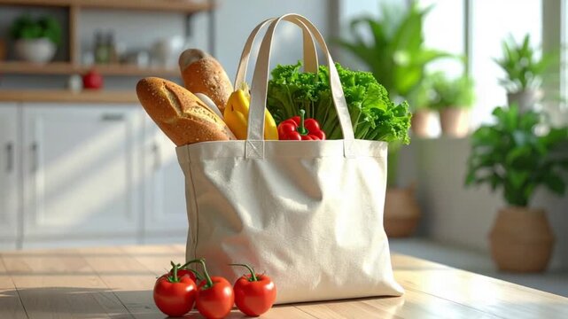 Healthy Fresh Groceries in a Reusable Bag on a Wooden Kitchen Table